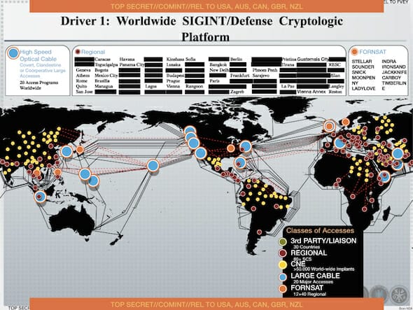 An NSA document dating from 2012. It was leaked by Edward Snowden to the Dutch newspaper NRC Handelsblad. The orange dots on the map correspond to the locations of several FORNSAT/ECHELON stations / en:Wikipedia